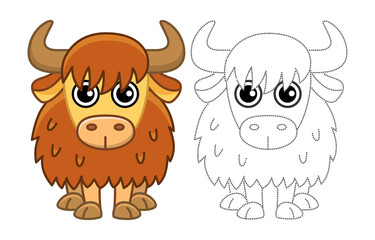 Zoo animal for children coloring book. Funny yak in a cartoon style. Trace the dots and color the picture