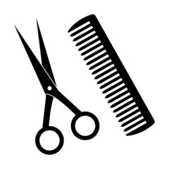 Scissors and comb icon. Barber shop hairstyling equipment symbol isolated on white background. Vector illustration.