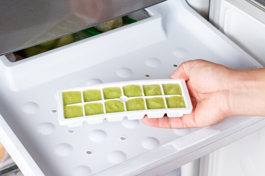 Frozen zucchini puree in ice cubes tray in refrigerator. Frozen Food