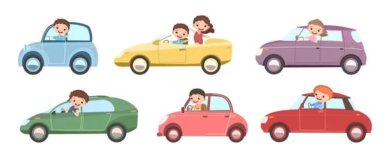 Selbstklebende Fototapete Autorennen Kinderauto. Satz. Kinder fahren verschiedene Autos. Spielzeugfahrzeug. Mit einem Motor. Schönes Personenauto. Getrennt über weißem Hintergrund. Vektor