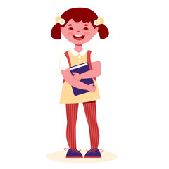 A schoolgirl with a book is standing. Vector illustration in flat cartoon style. Isolated on a white background.