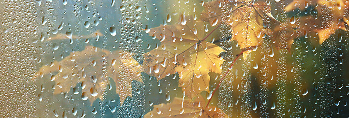 abstract background fall, glass drops autumn yellow leaves wet october weather