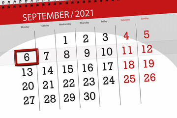 Calendar planner for the month september 2021, deadline day, 6, monday