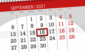 Calendar planner for the month september 2021, deadline day, 16, thursday