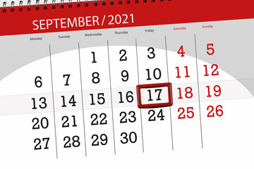 Calendar planner for the month september 2021, deadline day, 17, friday