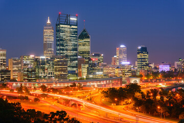 Fototapeta na wymiar Night view of Perth city buildings as seen from Kings Park. Perth is a modern and vibrant city and is the capital of Western Australia, Australia.