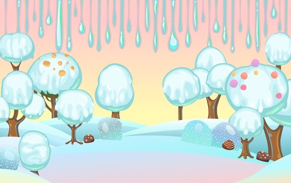 Landscape with ice cream on chocolate sticks. Childrens picture background. Cartoon style. Snow drifts. Cold winter dream land. Refreshing sweets and drips. Vector