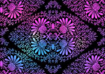 Tradition floral seamless pattern, damask vintage ornament. Royal victorian flourish wallpapper, luxury textile. Embroidery imitation in neon, fluorescent colors. Vector illustration.