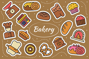 Bakery Related Stickers Set. Farinaceous food collection. Vector illustration.