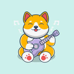 Cute Shiba Inu Dog Playing Acoustic Guitar And Singing Vector Icon Illustration