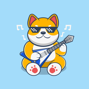 Cute Shiba Inu Dog Playing Electric Guitar With Sunglasses Vector Icon Illustration