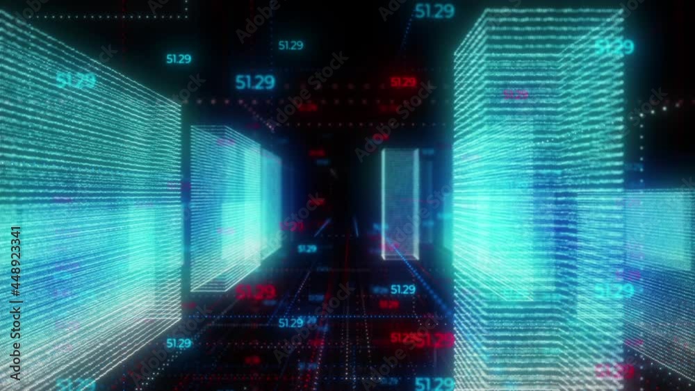 Wall mural flying through an abstracted digital data space, with rapidly changing numbers