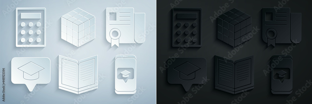 Canvas Prints Set Open book, Certificate template, Graduation cap in speech bubble, screen smartphone, Rubik cube and Calculator icon. Vector