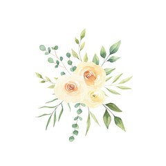 Watercolor white boho roses bouquet isolated on white background. Perfect for greeting cards, wedding invitations. 