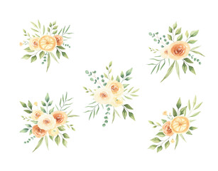 Watercolor white boho roses bouquets set isolated on white background. Perfect for greeting cards, wedding invitations. 