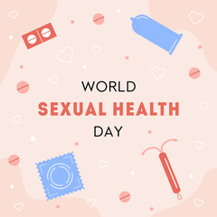 World Sexual Health Day Greeting Card. Contraception items for safe sex. Contraceptive methods. Birth control. Sex educational banner. Vector illustration in flat cartoon style.