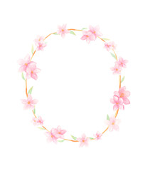 Fototapeta na wymiar Watercolor Sakura blossom floral frame isolated on white background. Pink spring flowers for birthday invitation, greeting cards.