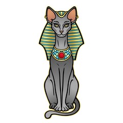 Animation color portrait Ancient Egyptian goddess Bastet (Bast) in the royal headdress. Sacred cat. Vector illustration isolated on a white background. Print, poster, tatoo.
