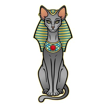 Animation color portrait Ancient Egyptian goddess Bastet (Bast) in the royal headdress. Sacred cat. Vector illustration isolated on a white background. Print, poster, tatoo.