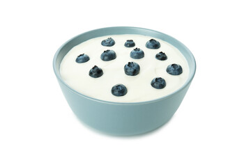 Bowl of blueberry yogurt isolated on white background