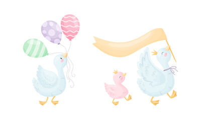 Beautiful White Swan or Goose with Golden Crown Carrying Banner and Bunch of Balloon Vector Set
