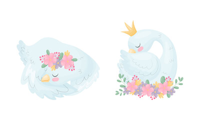 Beautiful White Swan or Goose with Golden Crown and Floral Arrangement Vector Set