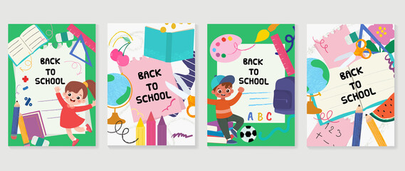 Fototapeta na wymiar Back to school vector banners. Background design with children and education accessories element. Kids hand drawn flat design for poster , wallpaper, website and cover template. 