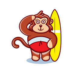 cute monkey cartoon animal with surfboard