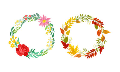 Obraz premium Wreath of Blooming Flower Branch and Foliage as Nature Vector Composition Set