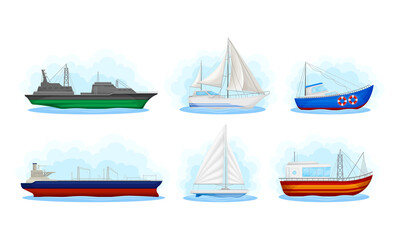 Water Transport with Reefer Ship and Sail Boat Vector Set