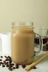 Concept of delicious drink with Irish coffee on white textured table