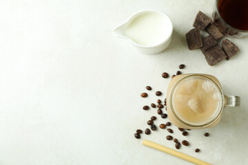 Concept of delicious drink with Irish coffee on white textured table