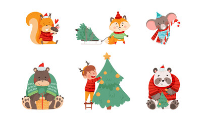 Christmas Characters with Animals Wearing Knitted Scarf and Sweater and Boy Decorating Fir Tree Vector Set