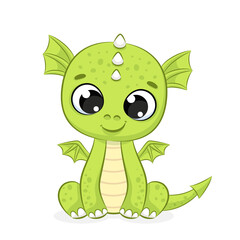 A cute dragon is sitting and smiling at you. Cartoon vector illustration.