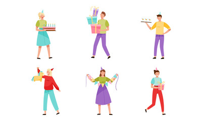 People Characters Celebrating Birthday Carrying Cake and Gift Box Vector Illustration Set