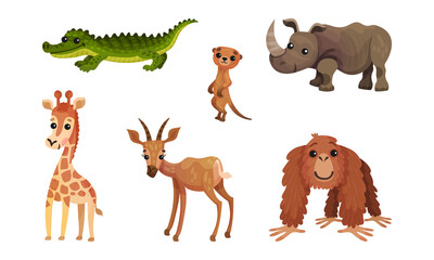 African Animals with Rhinoceros and Giraffe Vector Set