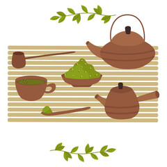 Tea ceremony with matcha powder green. A teapot, a cup, a spoon. Vector illustration isolated. For a postcard, design or decor