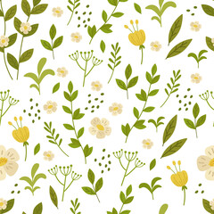 Seamless pattern with a tea bush with flowers. Botanical vector illustration. For background, printing on paper or fabric, design or decor