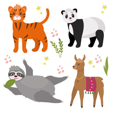 Cute animals set, panda, tiger, llama, sloth. Vector illustration isolated. For a children's postcard, design or decor