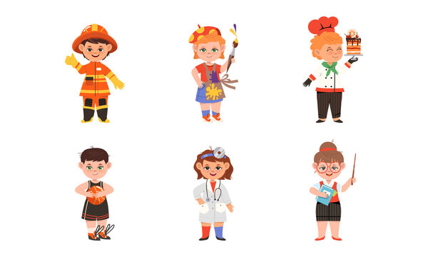 Cheerful Children Depicting Different Professions Like Doctor and Teacher Vector Set