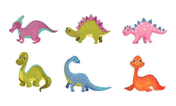 Funny Dinosaurs as Ancient Reptiles Isolated on White Background Vector Set
