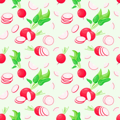 Bright seamless pattern with ripe radishes. Vegetables.