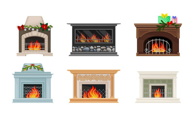 Obraz premium Fireplace or Hearth with Mantelpiece and Burning Fire Vector Set