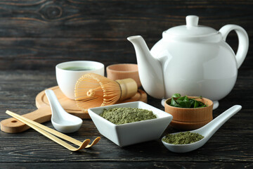 Concept of japanese tea with matcha on wooden table