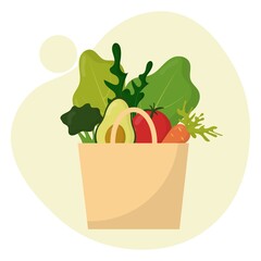 World Vegetarian Day. Vegetarianism concept. Vector set of vegetables. Composition from vegetables. Paper bag with vegetables and fruits.