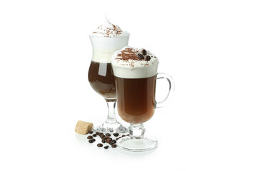 Glasses of Irish coffee isolated on white background