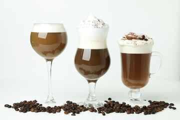Concept of delicious drink with Irish coffee on white background