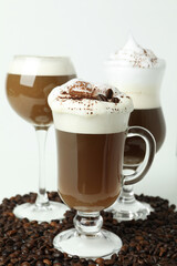 Concept of delicious drink with Irish coffee on white background