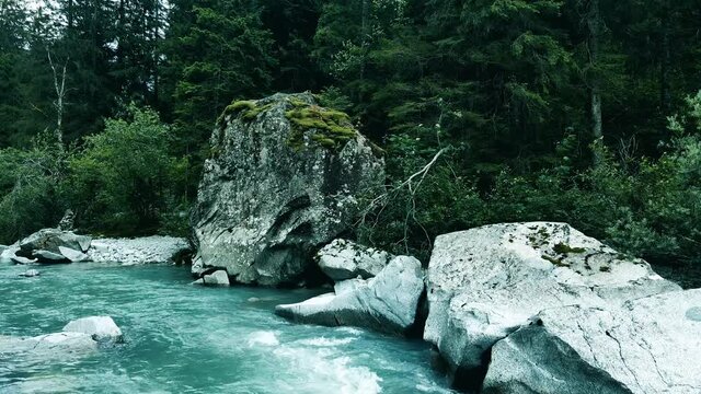 Aerial Drone - Overview of a River in the Dolomites with Rocks