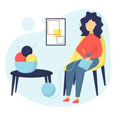 International Crochet Day. The girl is crocheting. Crochet concept. Illustration of a knitting woman. A young girl sits in a chair and knits.